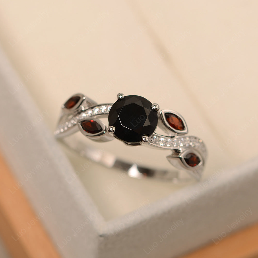 Black Spinel Art Deco Engagement Ring With Leaf - LUO Jewelry