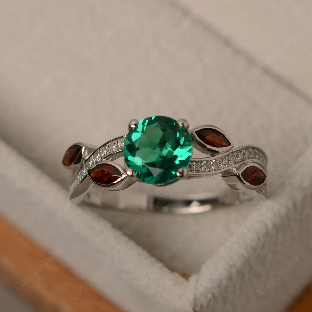 Garnet and Emerald Ring Art Deco Engagement Ring - LUO Jewelry