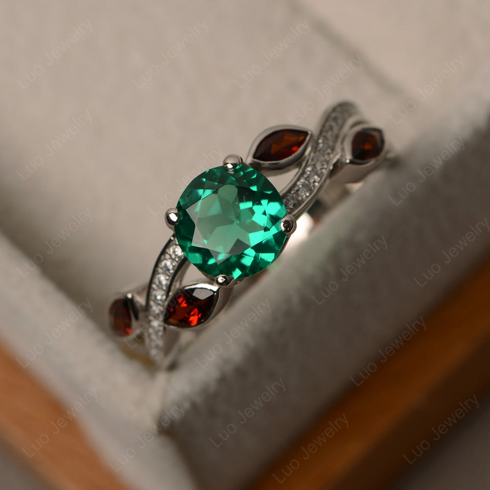 Garnet and Emerald Ring Art Deco Engagement Ring - LUO Jewelry