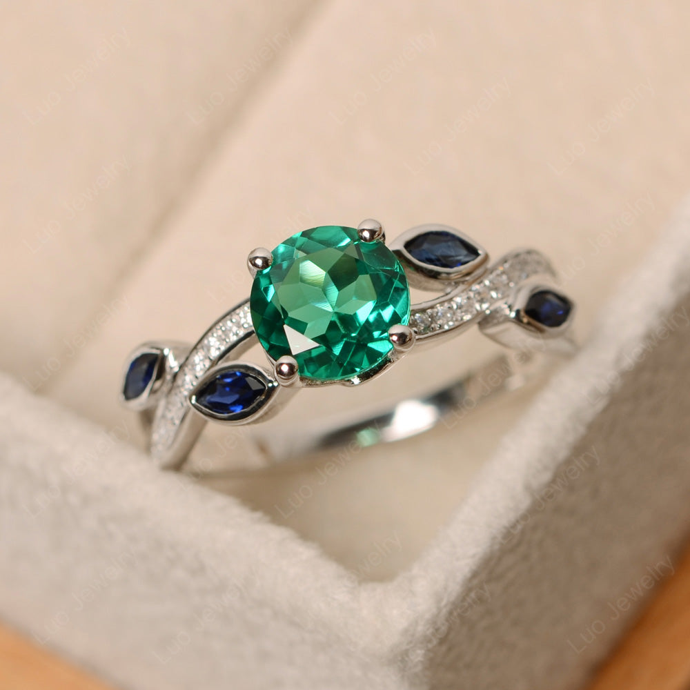 Lab Emerald Art Deco Engagement Ring With Leaf - LUO Jewelry
