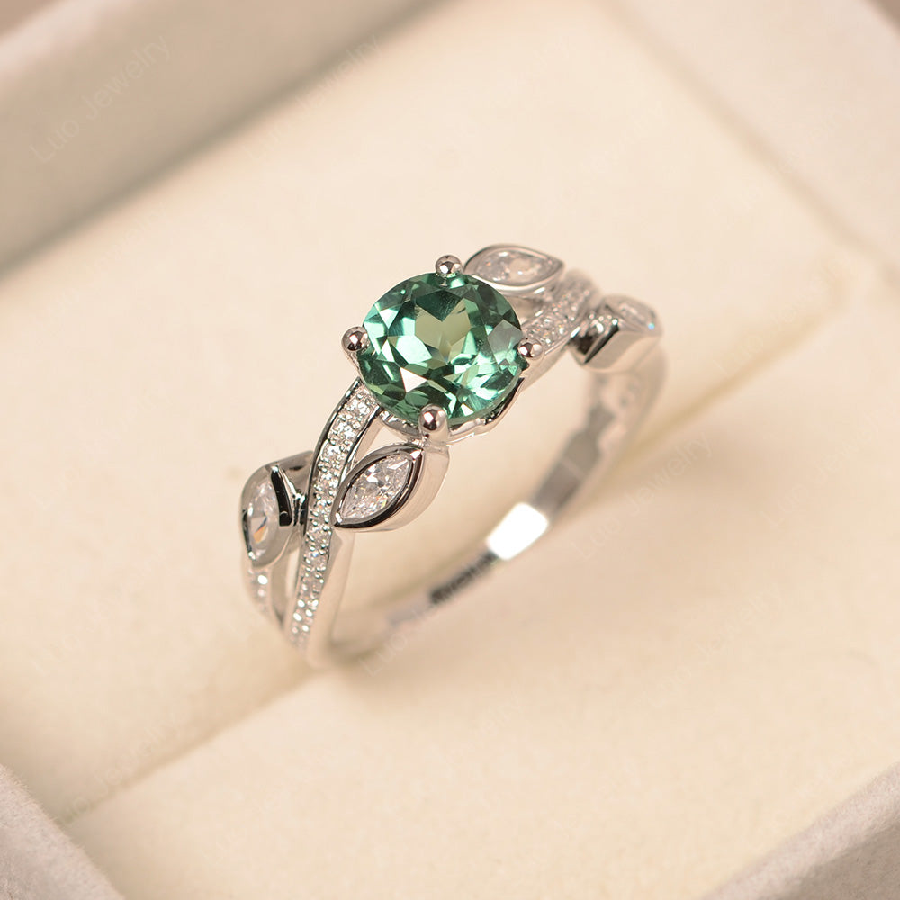 Green Sapphire Art Deco Engagement Ring With Leaf - LUO Jewelry