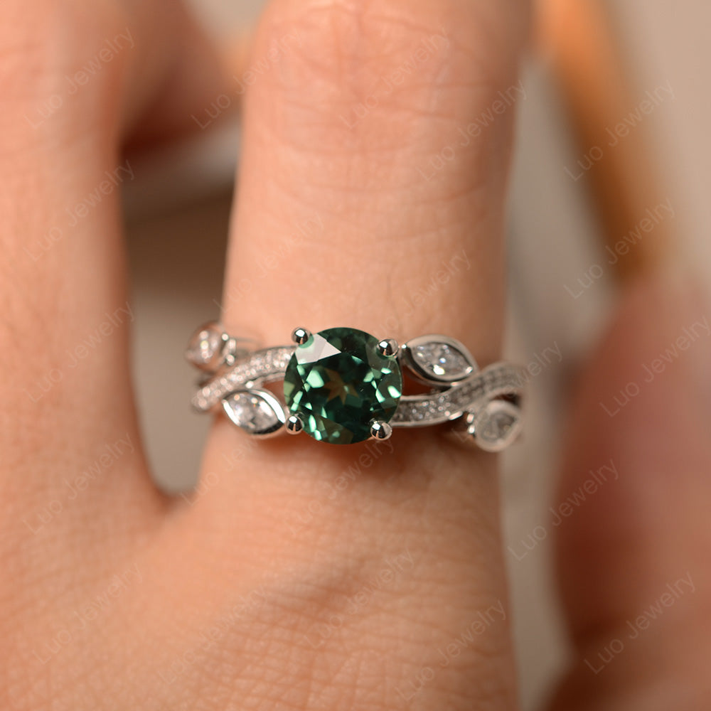 Green Sapphire Art Deco Engagement Ring With Leaf - LUO Jewelry