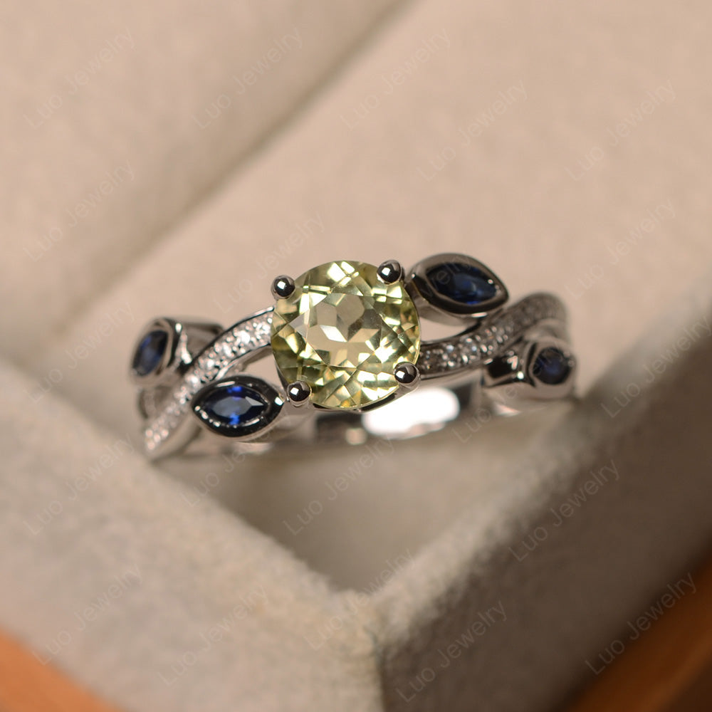 Lemon Quartz Art Deco Engagement Ring With Leaf - LUO Jewelry