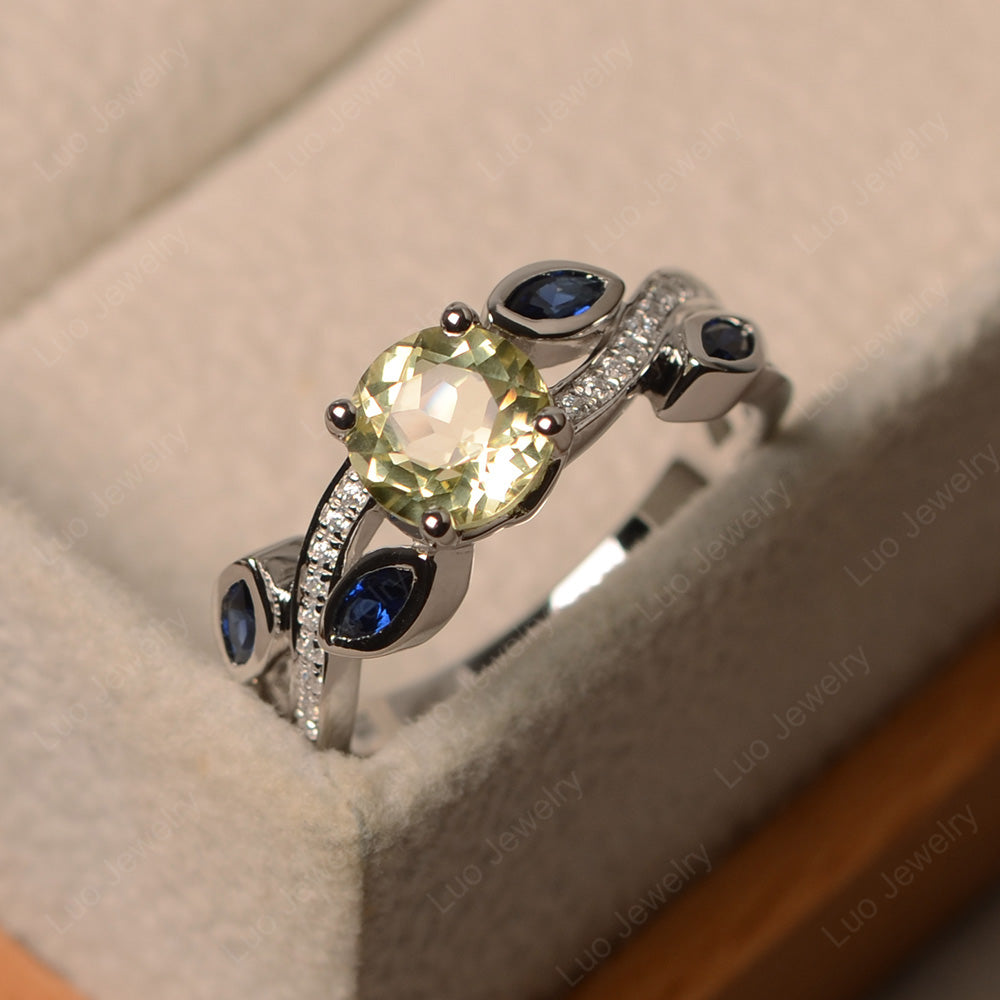 Lemon Quartz Art Deco Engagement Ring With Leaf - LUO Jewelry