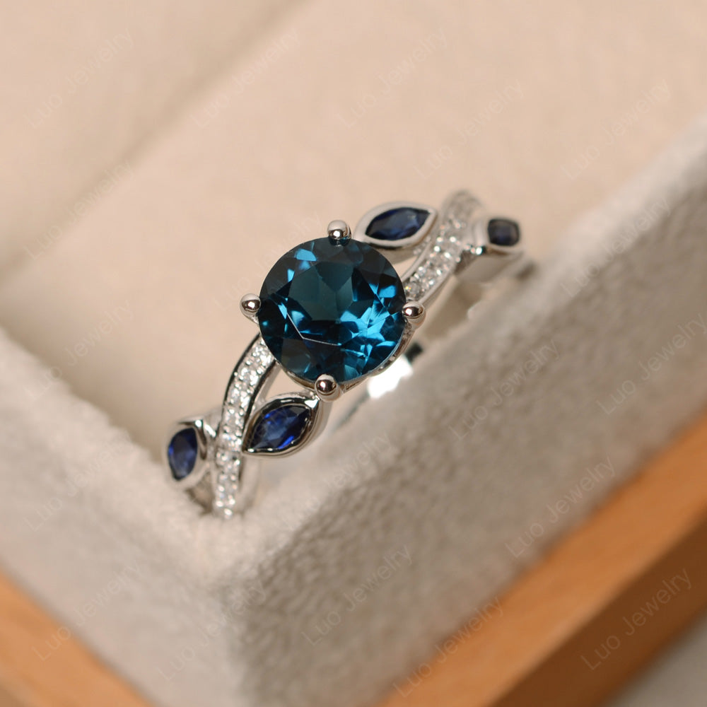 London Blue Topaz Art Deco Engagement Ring With Leaf - LUO Jewelry