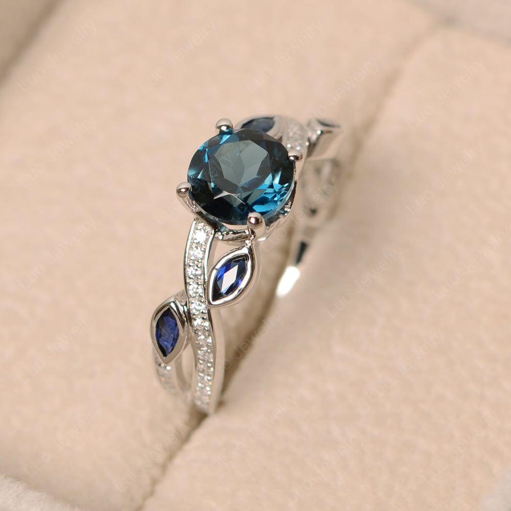 London Blue Topaz Art Deco Engagement Ring With Leaf - LUO Jewelry