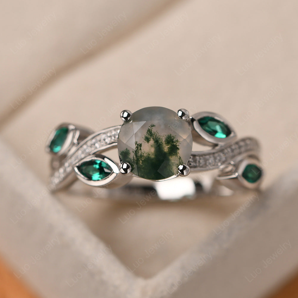 Moss Agate Art Deco Engagement Ring With Leaf - LUO Jewelry