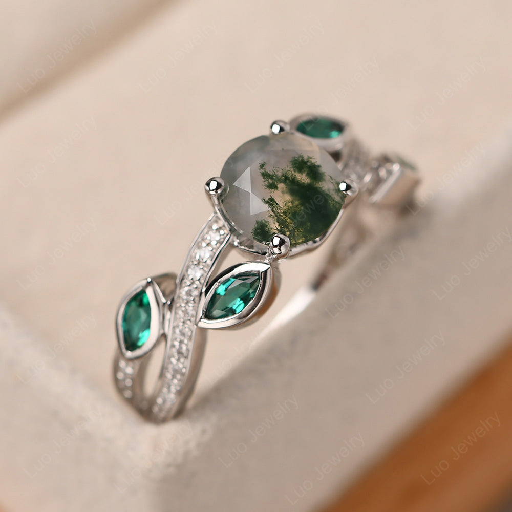 Moss Agate Art Deco Engagement Ring With Leaf - LUO Jewelry