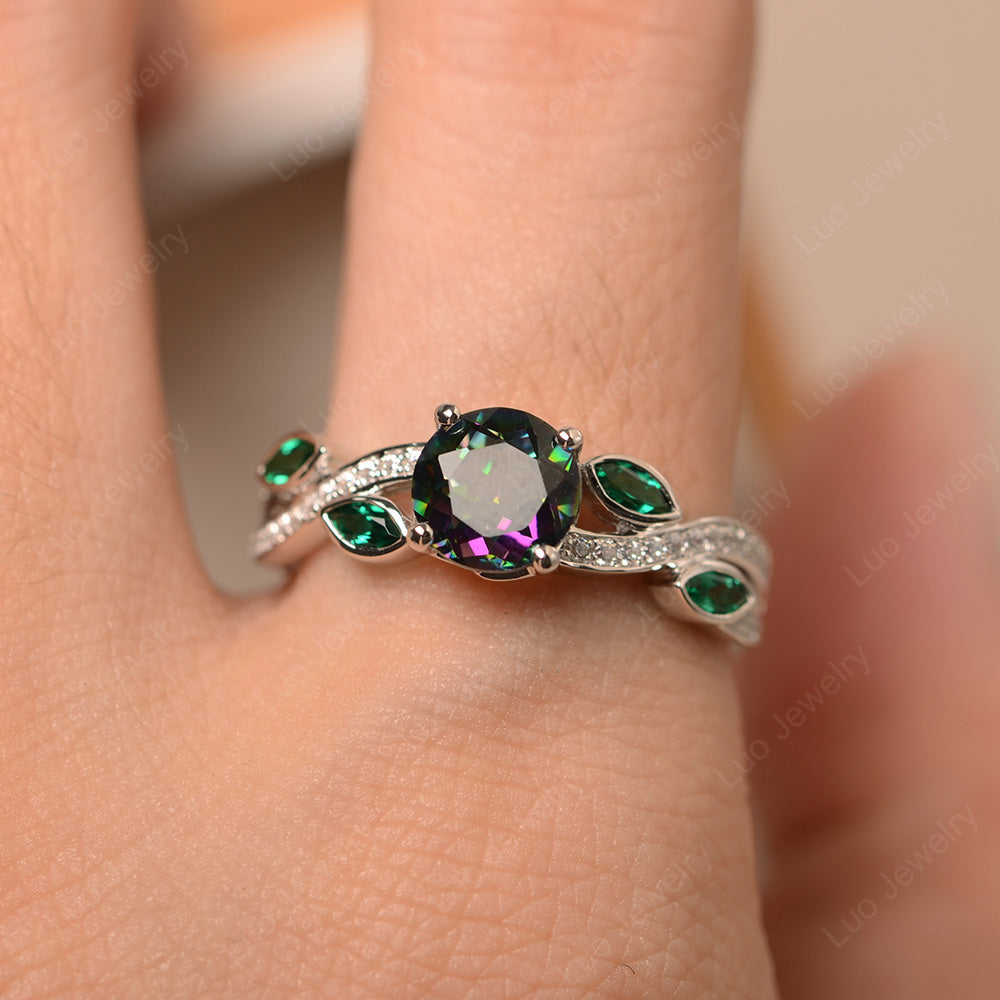 Mystic Topaz Art Deco Engagement Ring With Leaf - LUO Jewelry