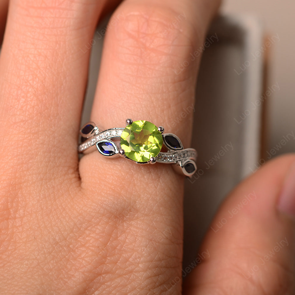 Peridot Art Deco Engagement Ring With Leaf - LUO Jewelry
