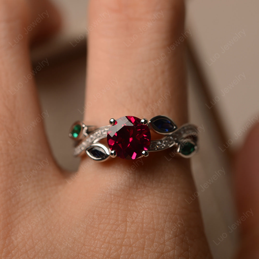 Ruby Art Deco Engagement Ring With Leaf - LUO Jewelry