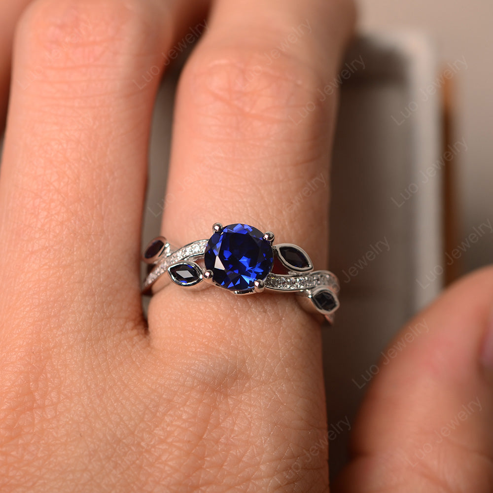 Lab Sapphire Art Deco Engagement Ring With Leaf - LUO Jewelry