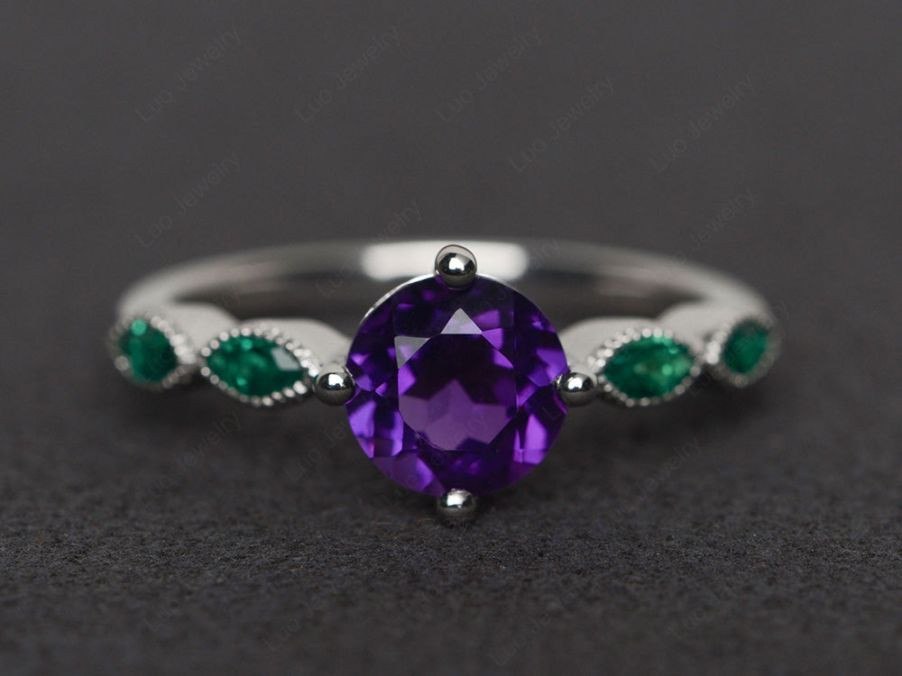 Kite Set Round Cut Amethyst Engagement Ring - LUO Jewelry