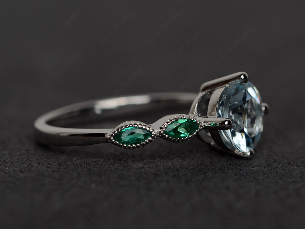Kite Set Round Cut Aquamarine Engagement Ring - LUO Jewelry