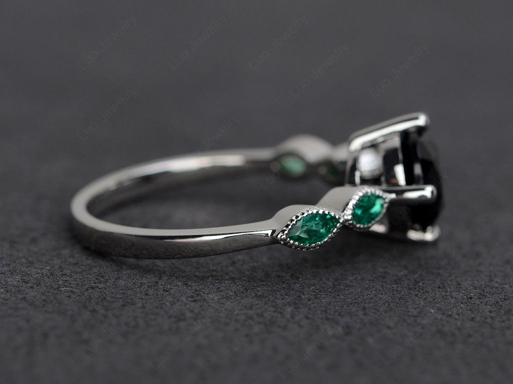 Kite Set Round Cut Black Stone Engagement Ring - LUO Jewelry