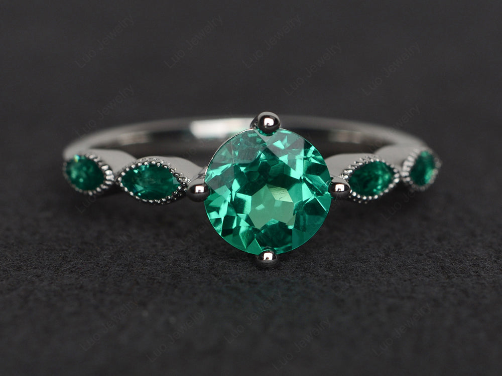 Kite Set Round Cut Lab Emerald Engagement Ring - LUO Jewelry
