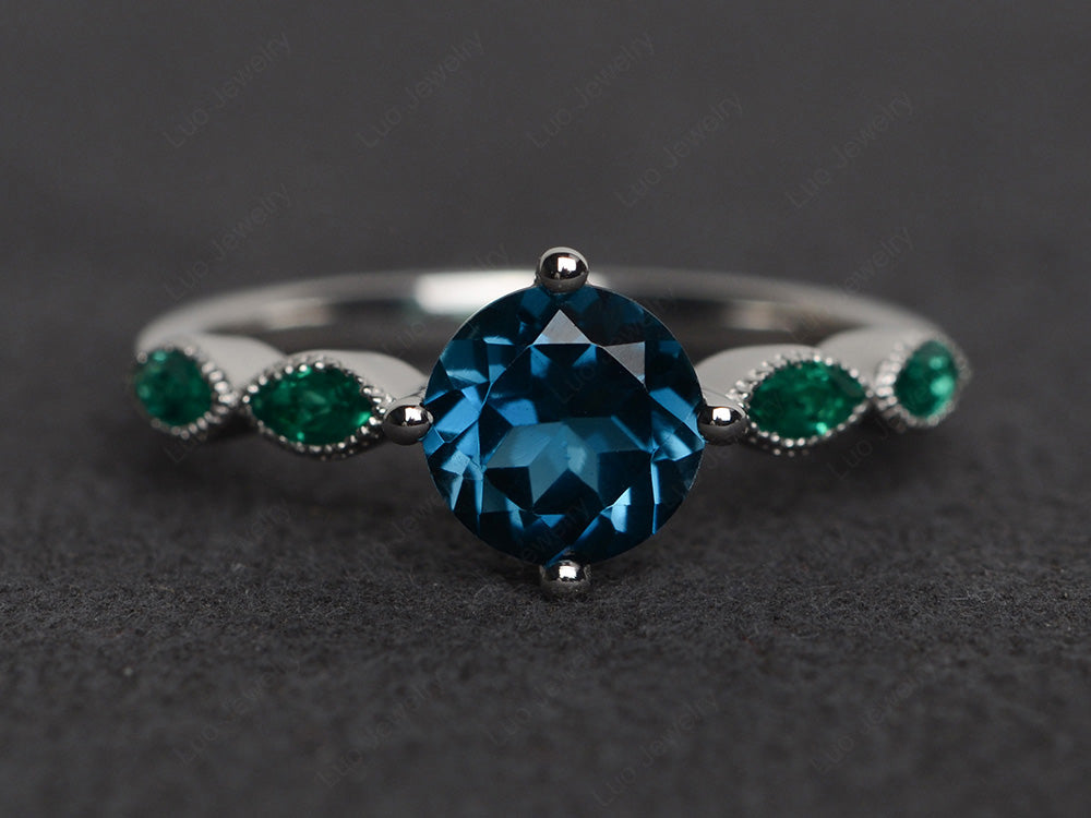 Kite Set Round Cut London Blue Topaz Engagement Ring - LUO Jewelry