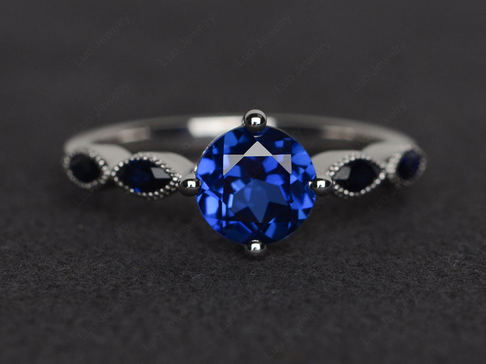 Kite Set Round Cut Lab Sapphire Engagement Ring - LUO Jewelry