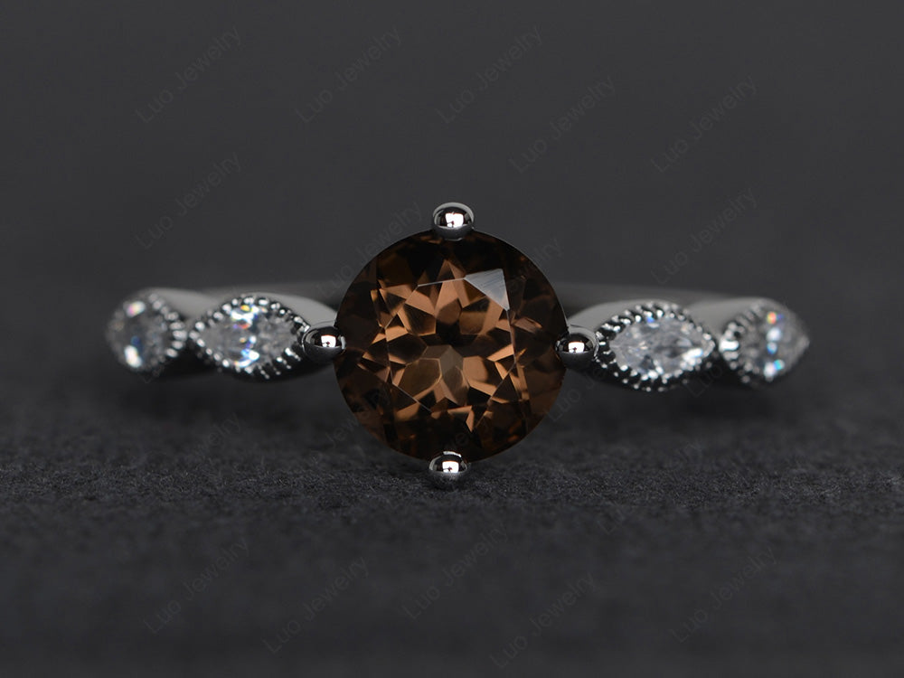 Kite Set Round Cut Smoky Quartz  Engagement Ring - LUO Jewelry