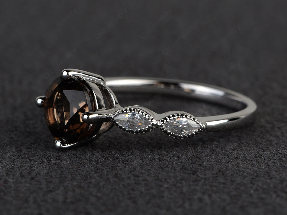 Kite Set Round Cut Smoky Quartz  Engagement Ring - LUO Jewelry