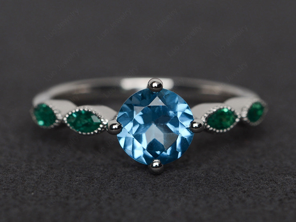 Kite Set Round Cut Swiss Blue Topaz Engagement Ring - LUO Jewelry