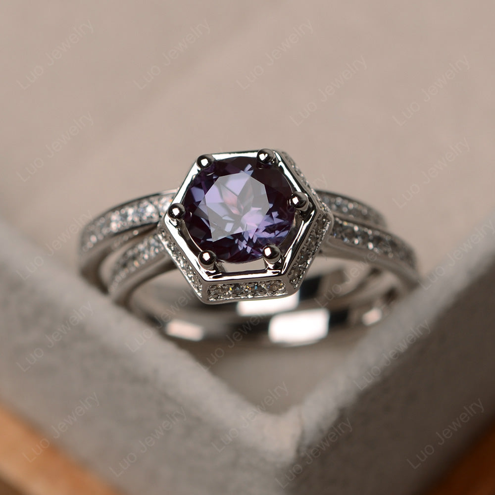 Alexandrite Bridal Set Hexagon Engagement Ring - LUO Jewelry