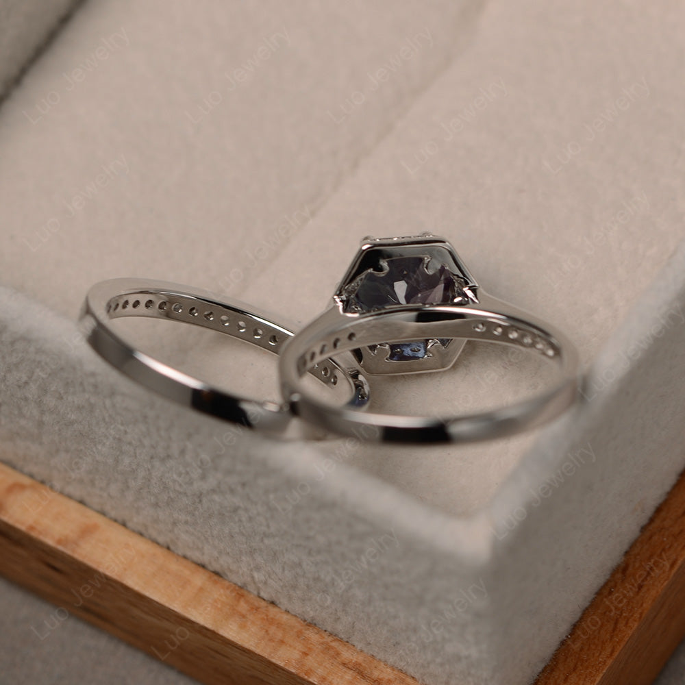 Alexandrite Bridal Set Hexagon Engagement Ring - LUO Jewelry