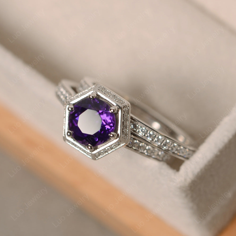 Amethyst Bridal Set Hexagon Engagement Ring - LUO Jewelry