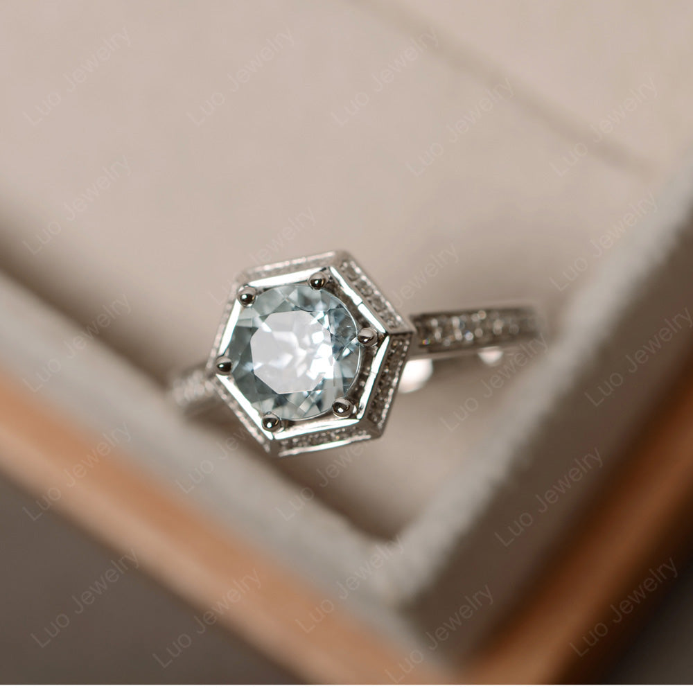 Aquamarine Bridal Set Hexagon Engagement Ring - LUO Jewelry