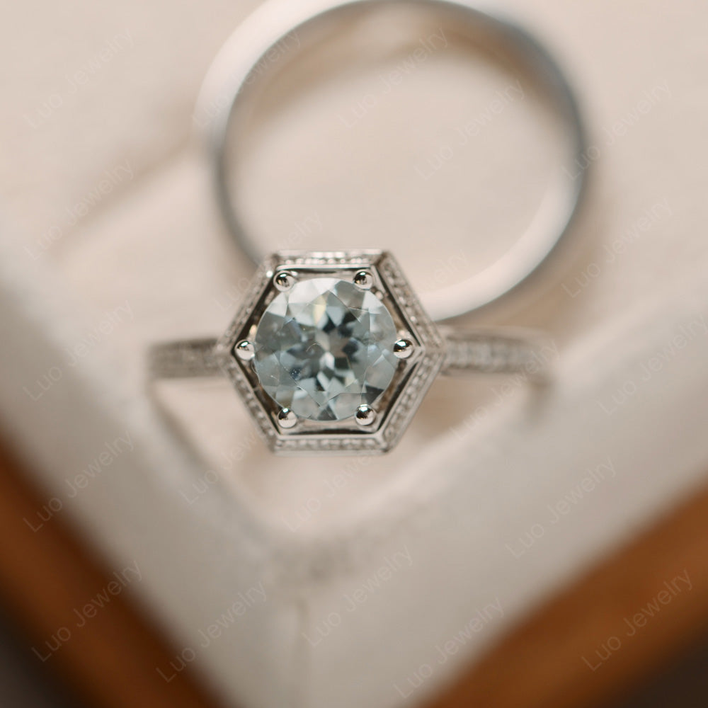 Aquamarine Bridal Set Hexagon Engagement Ring - LUO Jewelry