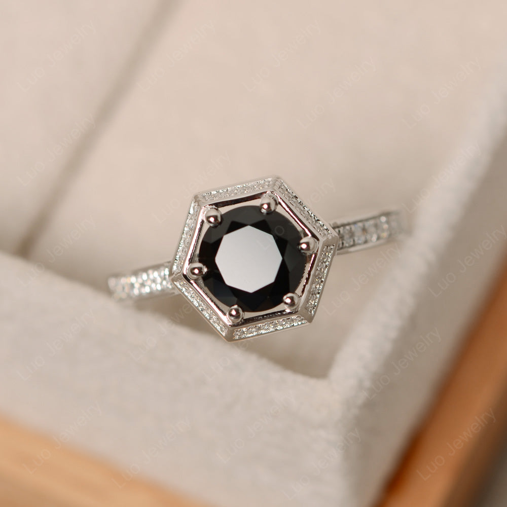 Black Spinel Bridal Set Hexagon Engagement Ring - LUO Jewelry