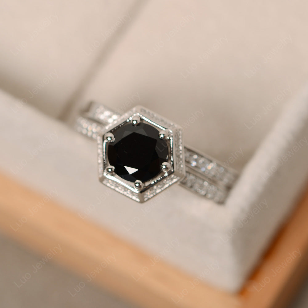 Black Spinel Bridal Set Hexagon Engagement Ring - LUO Jewelry