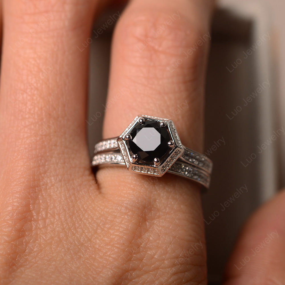 Black Spinel Bridal Set Hexagon Engagement Ring - LUO Jewelry