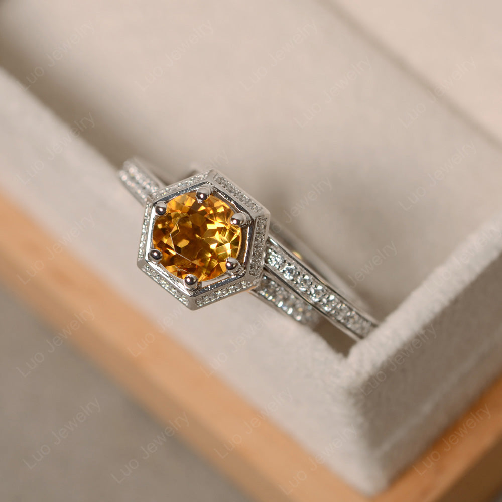 Citrine Bridal Set Hexagon Engagement Ring - LUO Jewelry
