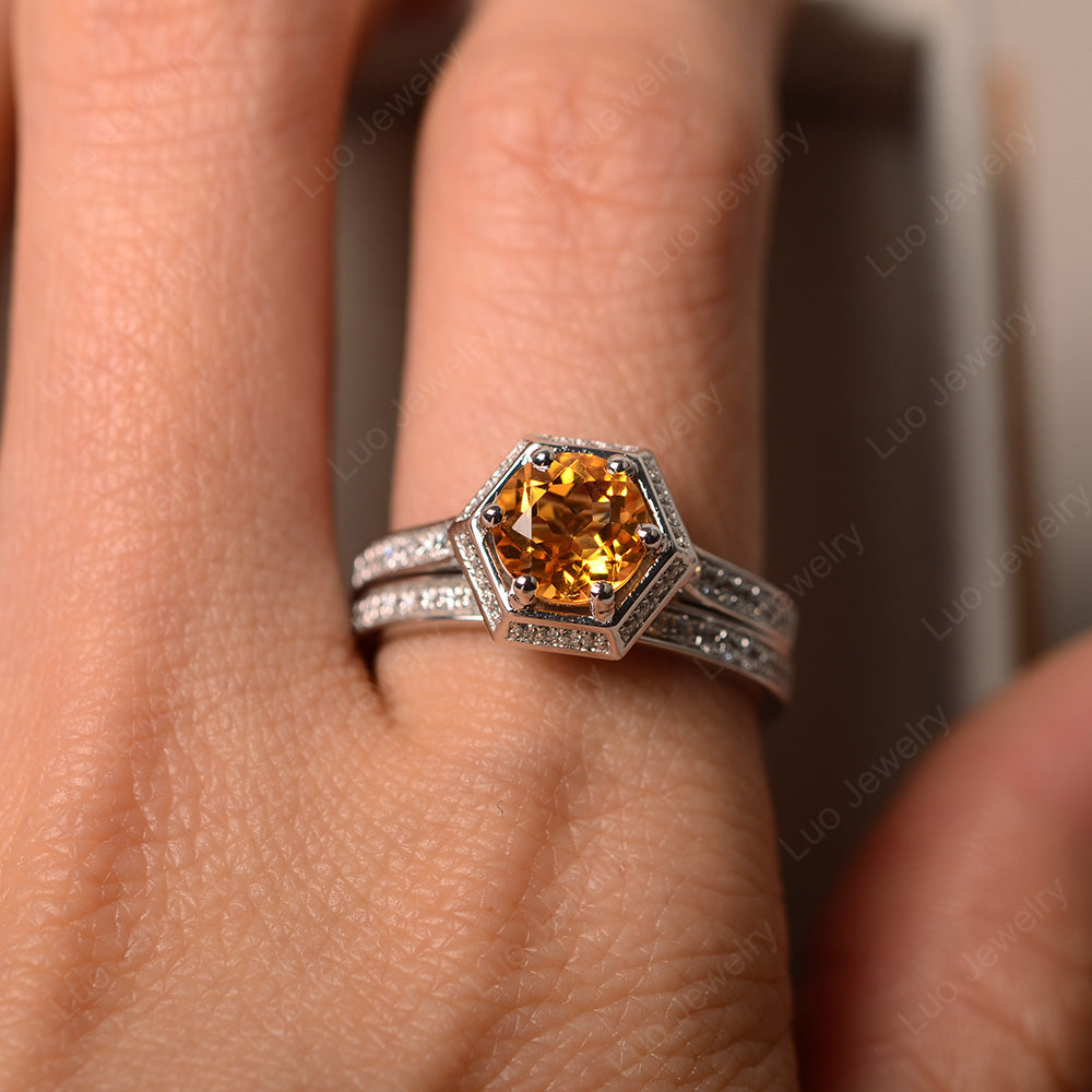 Citrine Bridal Set Hexagon Engagement Ring - LUO Jewelry