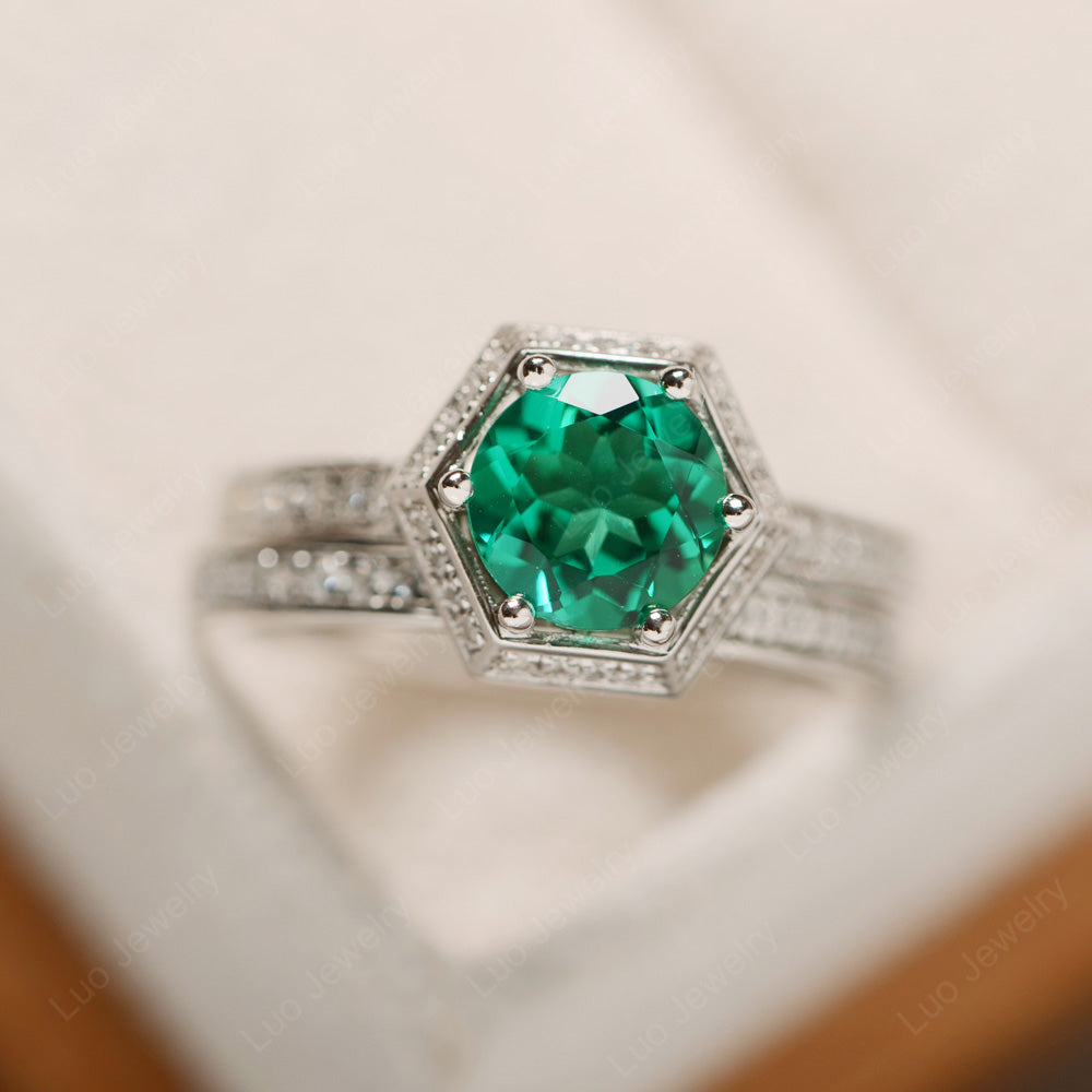 Lab Emerald Bridal Set Hexagon Engagement Ring - LUO Jewelry