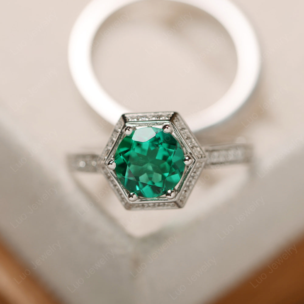 Lab Emerald Bridal Set Hexagon Engagement Ring - LUO Jewelry