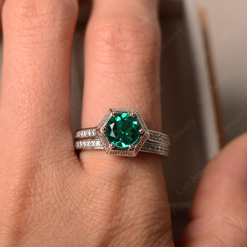 Lab Emerald Bridal Set Hexagon Engagement Ring - LUO Jewelry