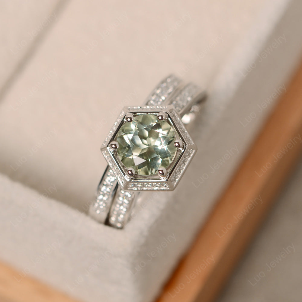 Green Amethyst Bridal Set Hexagon Engagement Ring - LUO Jewelry