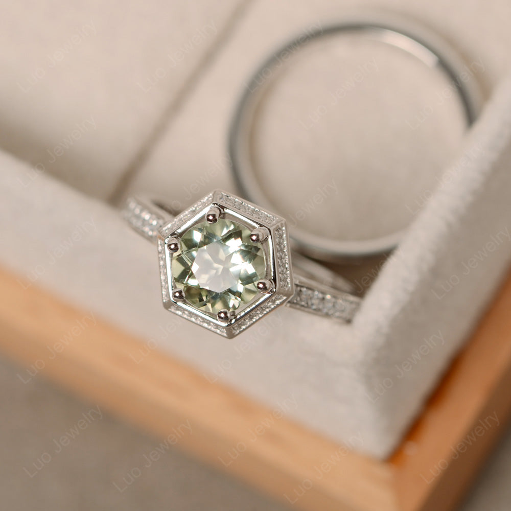 Green Amethyst Bridal Set Hexagon Engagement Ring - LUO Jewelry