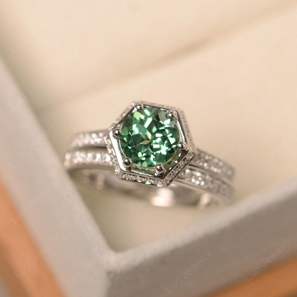 Green Sapphire Bridal Set Hexagon Engagement Ring - LUO Jewelry