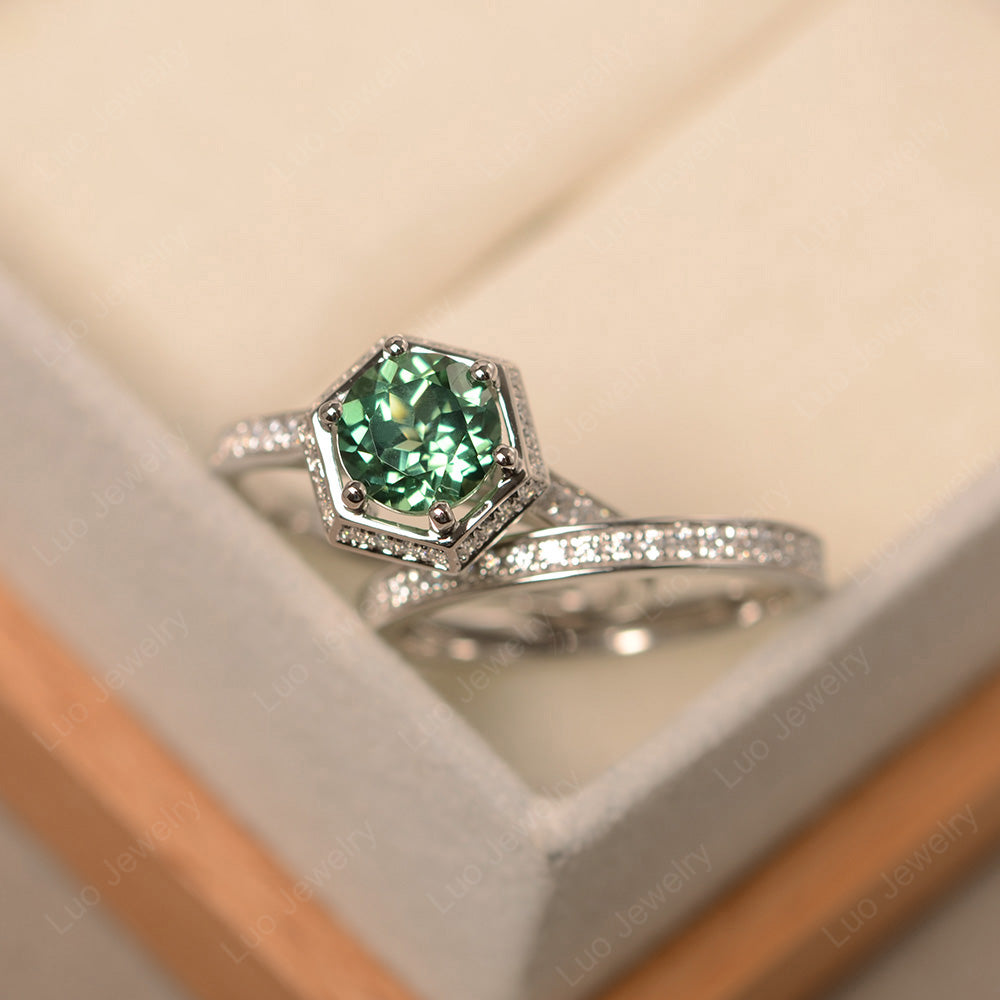 Green Sapphire Bridal Set Hexagon Engagement Ring - LUO Jewelry