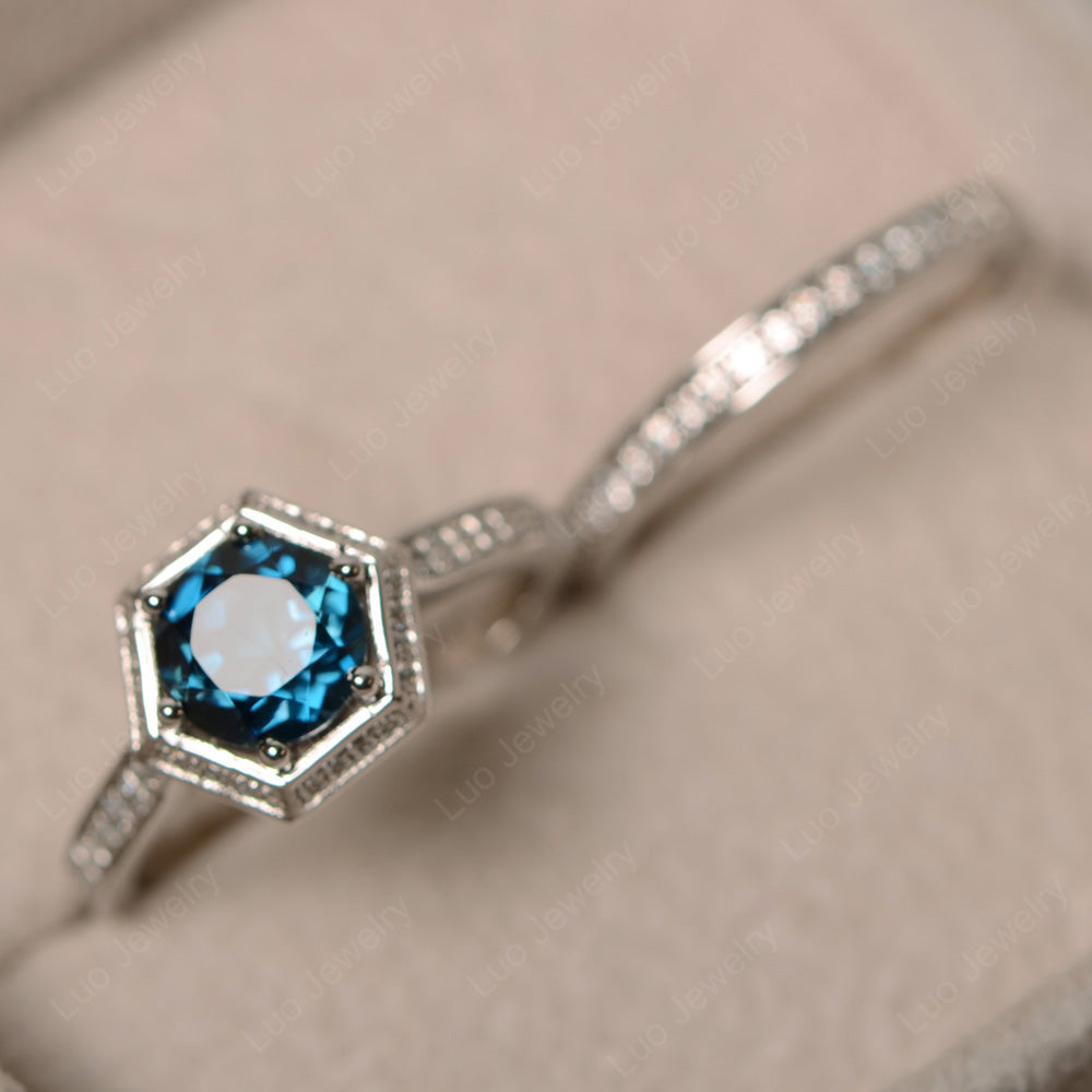London Blue Topaz Bridal Set Hexagon Engagement Ring - LUO Jewelry