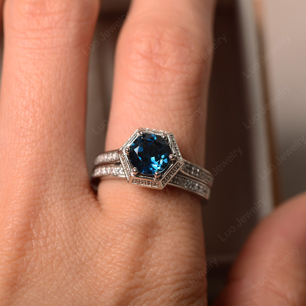 London Blue Topaz Bridal Set Hexagon Engagement Ring - LUO Jewelry