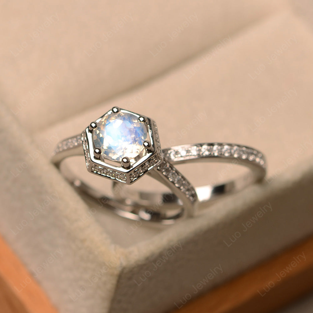 Moonstone Bridal Set Hexagon Engagement Ring - LUO Jewelry