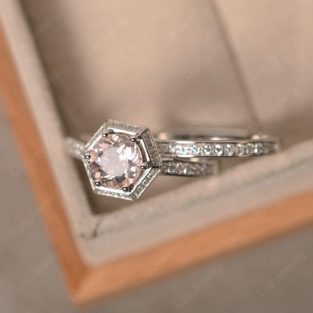 Morganite Bridal Set Hexagon Engagement Ring - LUO Jewelry