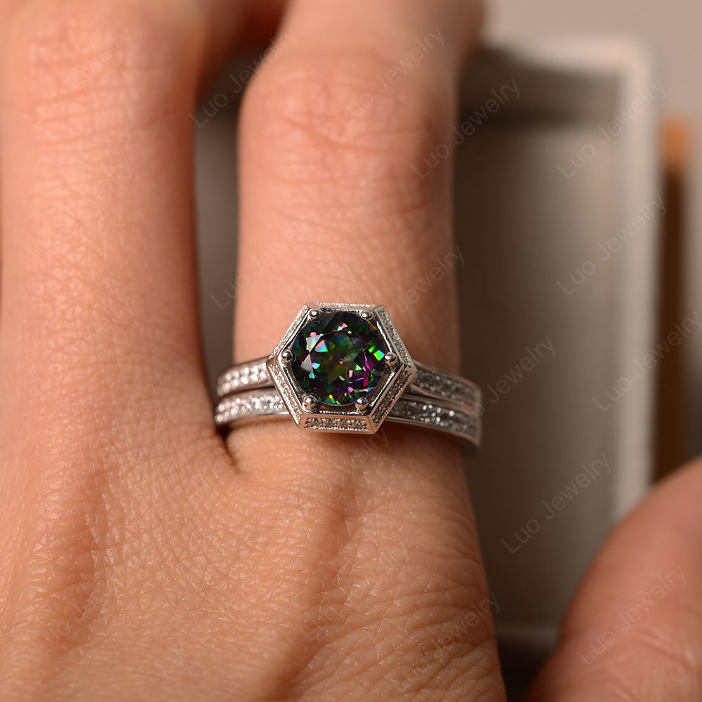 Mystic Topaz Bridal Set Hexagon Engagement Ring - LUO Jewelry