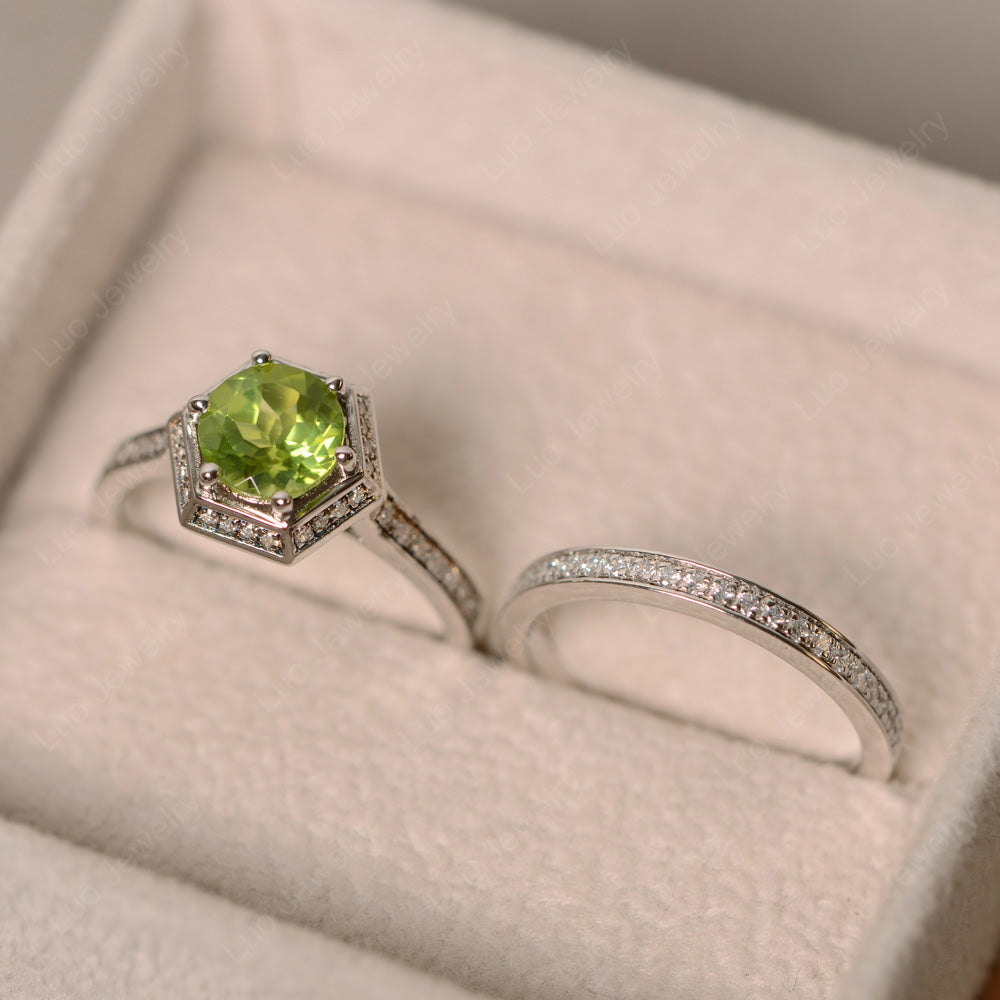 Peridot Bridal Set Hexagon Engagement Ring - LUO Jewelry