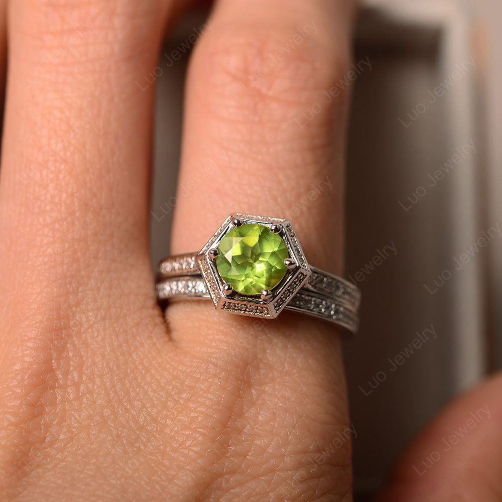 Peridot Bridal Set Hexagon Engagement Ring - LUO Jewelry