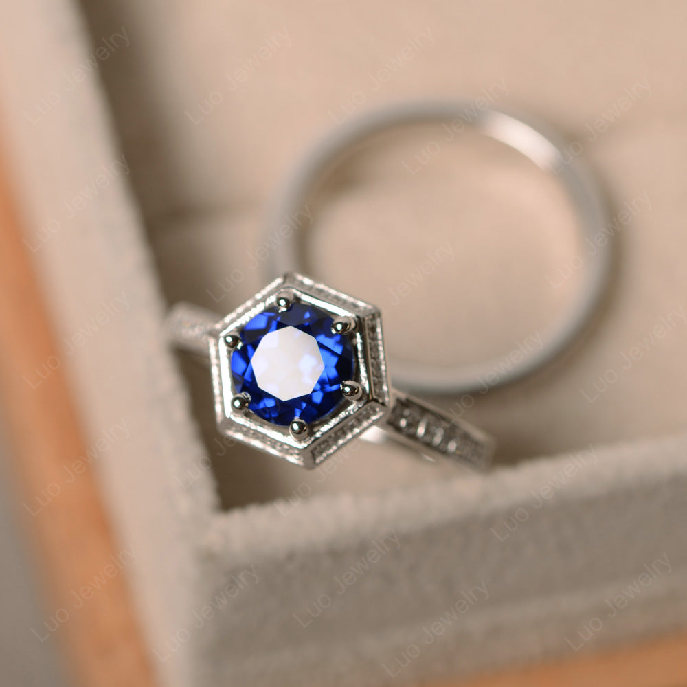 Lab Sapphire Bridal Set Hexagon Engagement Ring - LUO Jewelry